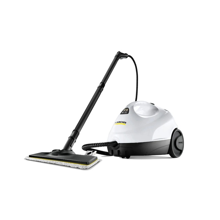 Curatitor cu abur Karcher, asigura o curatare temeinica fara substante chimice, capacitate recipient 1 litru, timp de incalzire 6.5 min, 1500 W, alb si negru