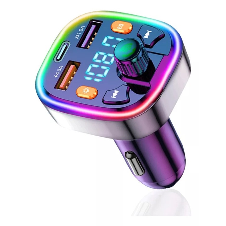 Transmitator FM Bluetooth pentru masina, adaptor audio, 5V 3.1A, incarcare rapida, multicolor