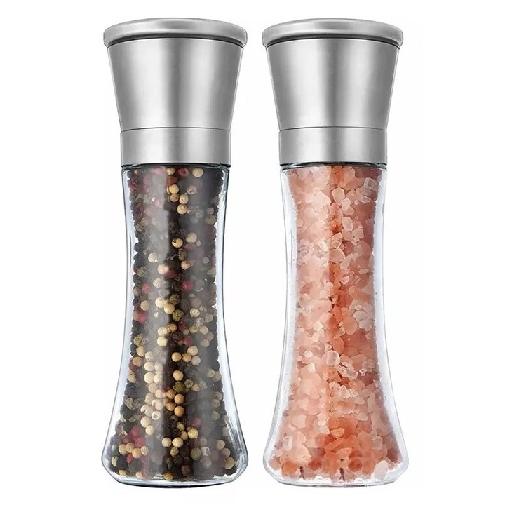 Set Rasnite Condimente, Sticla si Inox, Mecanism Ceramic Reglabil, Capac Etans, 200ml