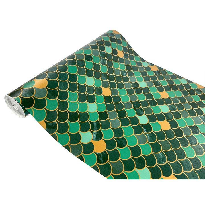 Sticker autocolant pentru mobilier haine, 45 x 200 cm, DecoMeister®, Model Solzi turcoaz, W180-045-0200S