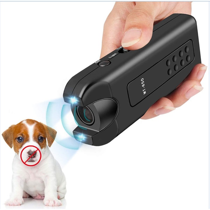 Dispozitiv anti-latrat pentru caini, Dispozitiv antilatrat ultrasonic, multifunctional, lumina LED, portabil, solutie eficienta fara socuri si inofensiv pentru animale, electronic cu ultrasunete, evita agresiunea si comportamentul nedorit