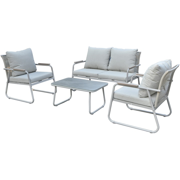 Комплект градински мебели Kring Grenada, Маса 80x50x38,5 см, 2x фотьойла 61,5x73x77 см, Диван 117x73x77 см, Бежов, Включва възглавници H8CM