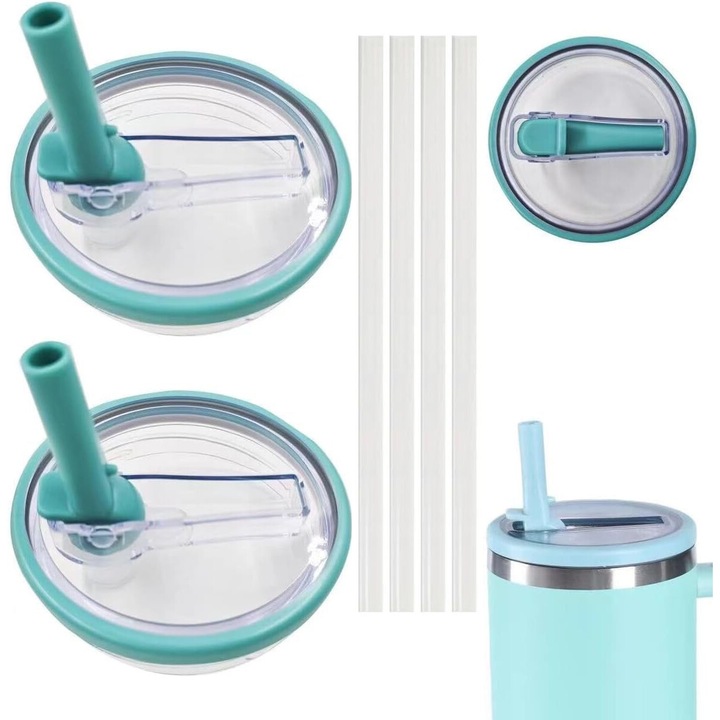 Комплект от 2 капачки със сламки за термос, За Stanley Quencher Tumbler, херметични, пластмасови, сини, 10x9см