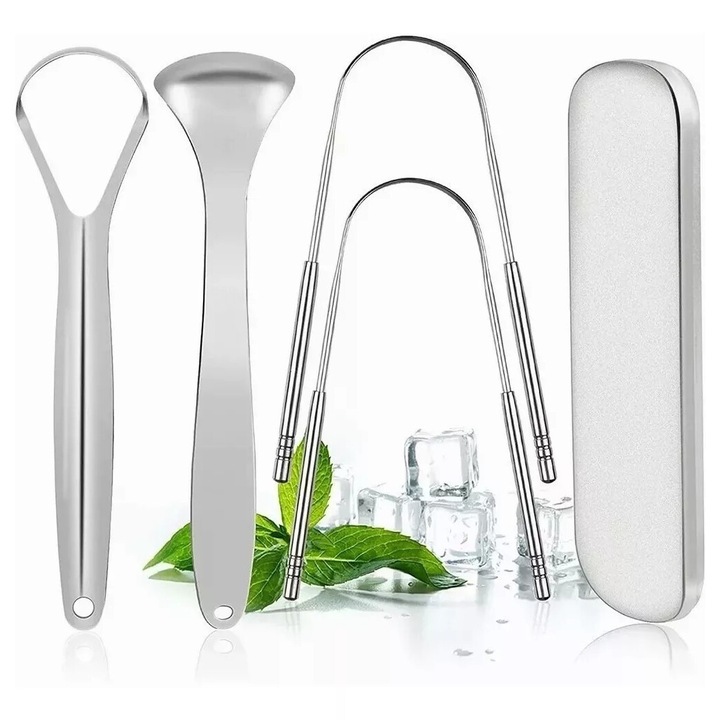 4 db rozsdamentes acél nyelvkefe készlet, tárolódoboz, többfunkciós