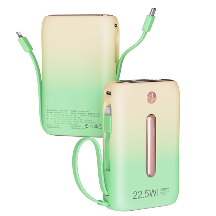 Преносимо зарядно устройство Power Bank, цифров дисплей, универсален, най-малък 22,5 W 20000 mAh, бързо зареждане, вграден USB-C (22,5 W) и iOS (20 W) изходен кабел, жълто-зелен градиент
