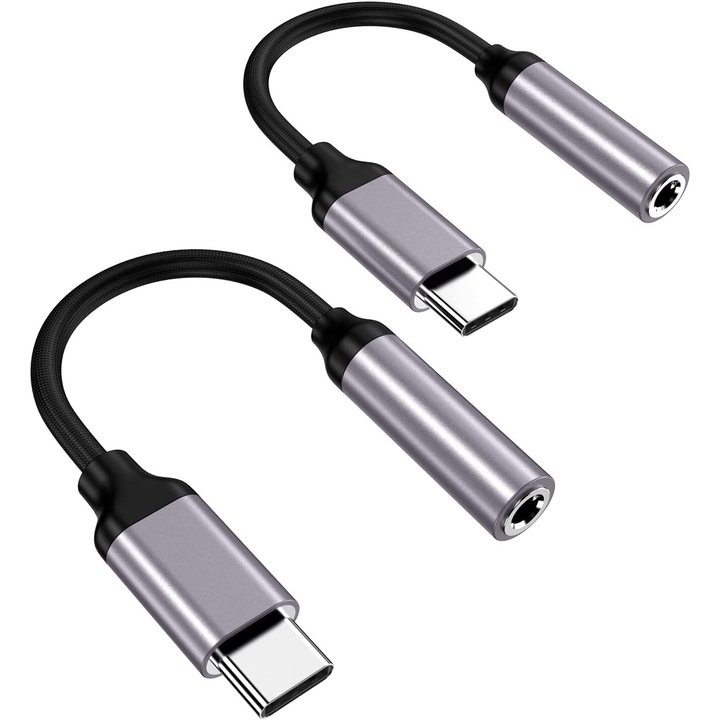 Set 2 Adaptor audio pentru telefon, USB Type C - Jack 3.5 mm, Argintiu/Negru