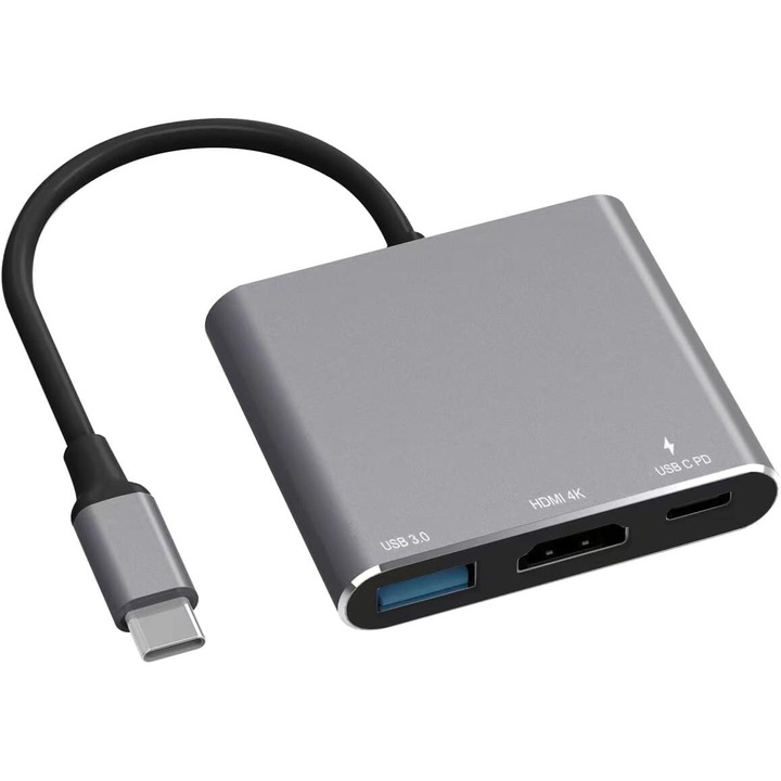 Хъб адаптер USB-C, мултипорт 3 в 1, USB C към HDMI, USB 3.0, PD, сив