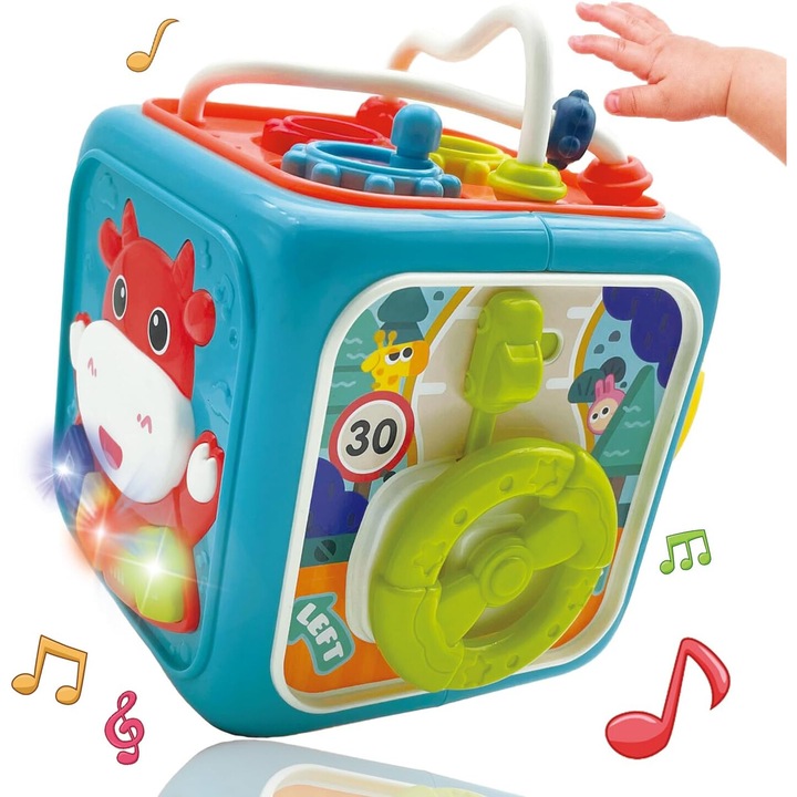 Montessori érzékszervi oktatójáték gyerekeknek - 6 az 1-ben interaktív kocka hangokkal és fényekkel - Forgó elemeket és zenei billentyűket tartalmaz - Többszínű