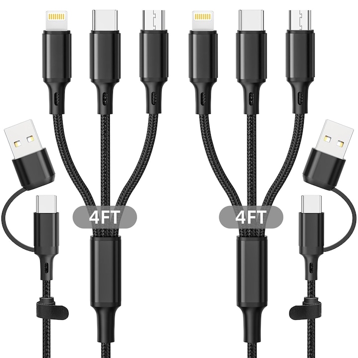 2 db adatkábel készlet, 5 az 1-ben, nejlon, gyorstöltés, kompatibilis USB-C/Lightning/MicroUSB-vel, 1,2 m, fekete