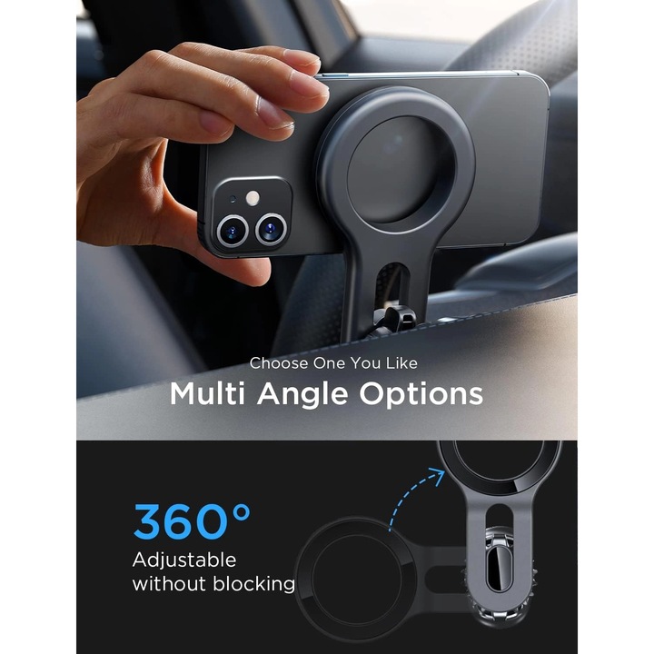 Suport telefon auto magnetic, prindere grila ventilatie, Puternic MagSafe Car Mount, ratativ 360, compatibil universal