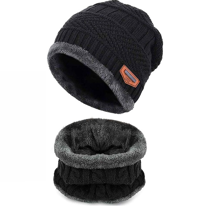 Kalap és sál szett, fekete, télire, unisex