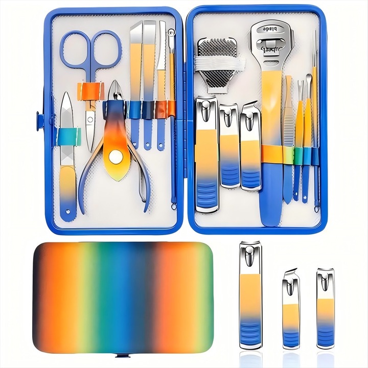 Set manichiura si pedichiura 16 piese, inox, cu etui piele ecologica multicolor