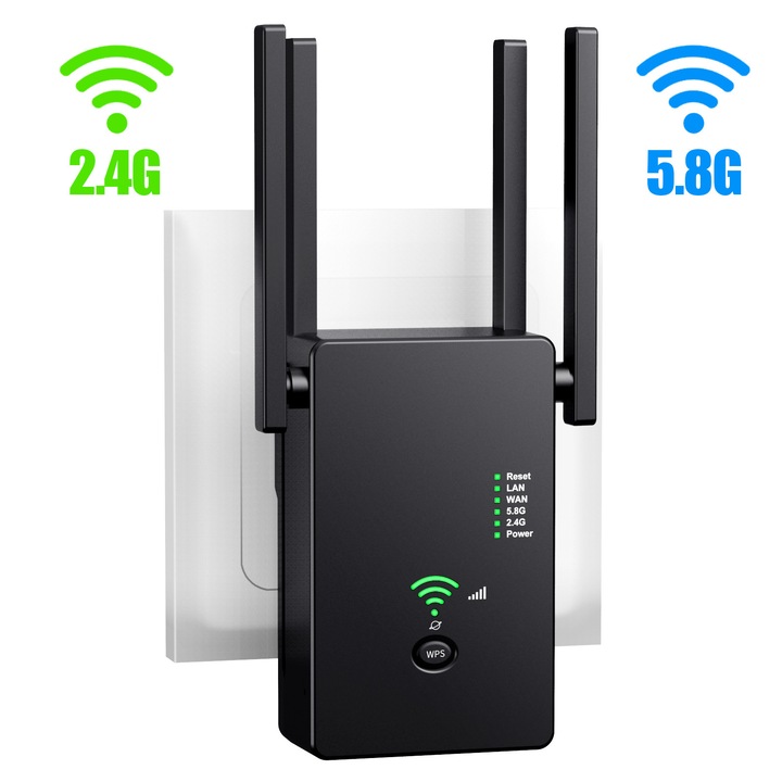 Безжичен усилвател SDLOGAL Range Extender, WiFi мрежа, 1200Mbps, 5G и 2.4G мрежа, 4 антени, LAN слот, Черен