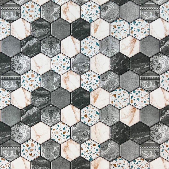 Folie decorativa pentru blat de bucatarie, 45 x 50 cm, DecoMeister®, Model Gri Placi Hexagonale, Y084-045-0050