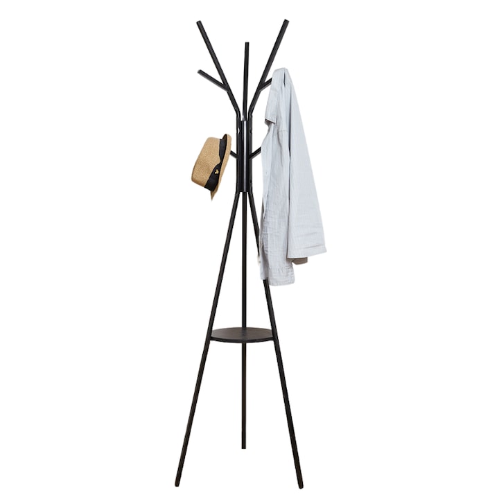 Cuier haine cu suport din lemn pentru accesorii, 9 carlige, otel carbon, 180 x 45 cm, negru