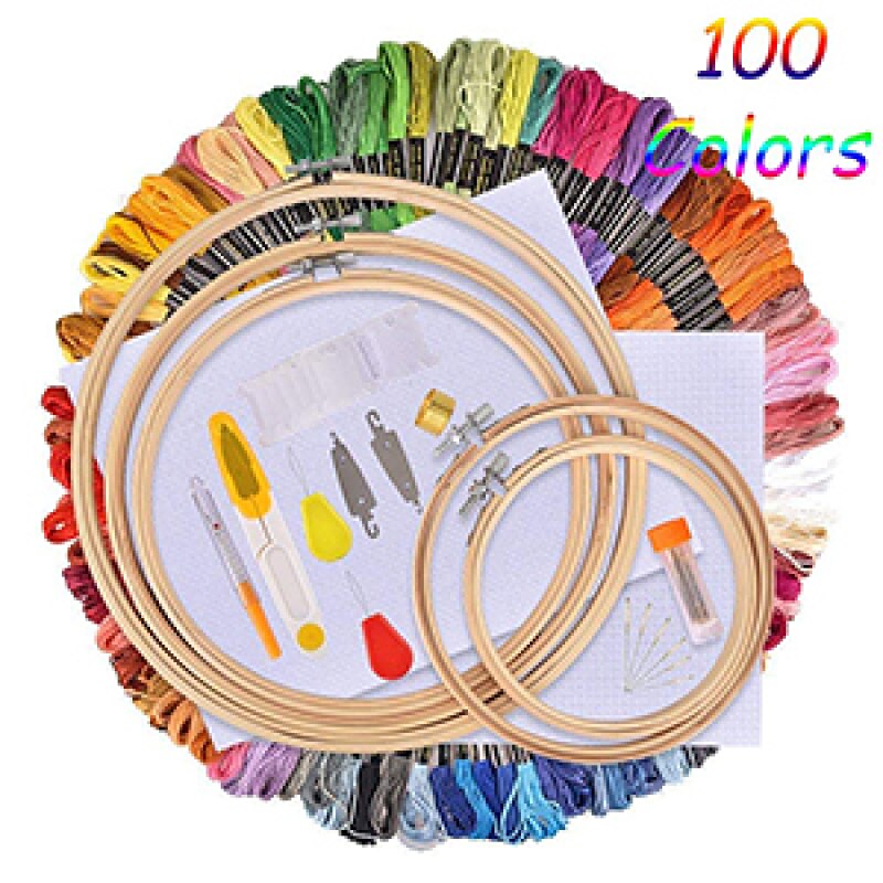 Set complet de broderie, 100 fire colorate, 5 rame din bambus, 2 panze ...