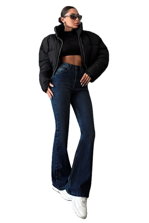 Blugi Dama, Evazati Efect Washed, Cu Buzunare Inclinate, Albastru inchis