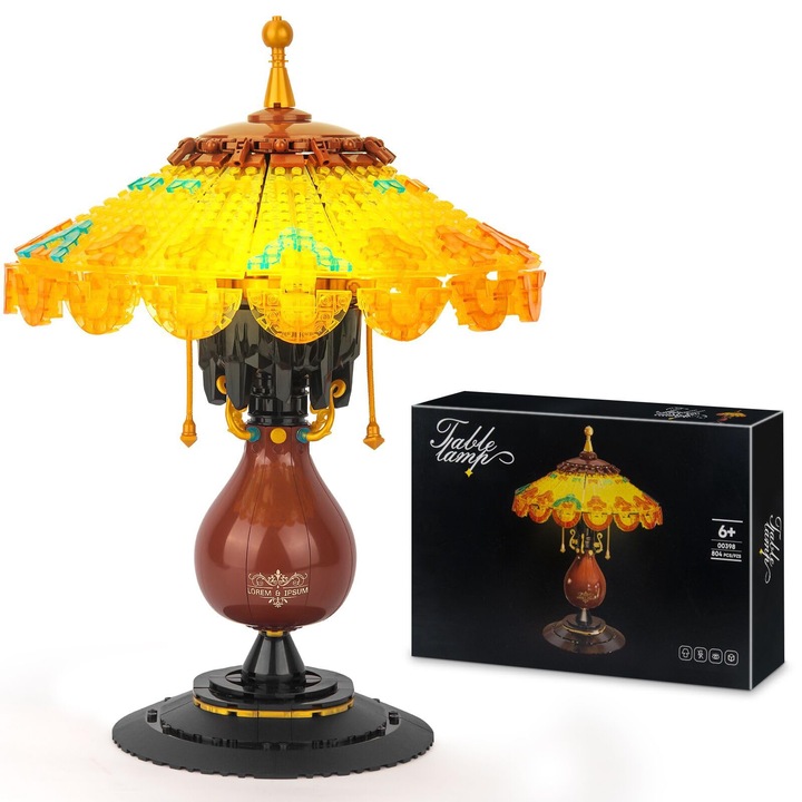 Mini építőelem készlet, retro stílusú asztali lámpa kreatív modellje, Birthday Decor Home kollekció felnőtteknek és gyerekeknek 8+, 804 db, WALALLA, Sárga-barna