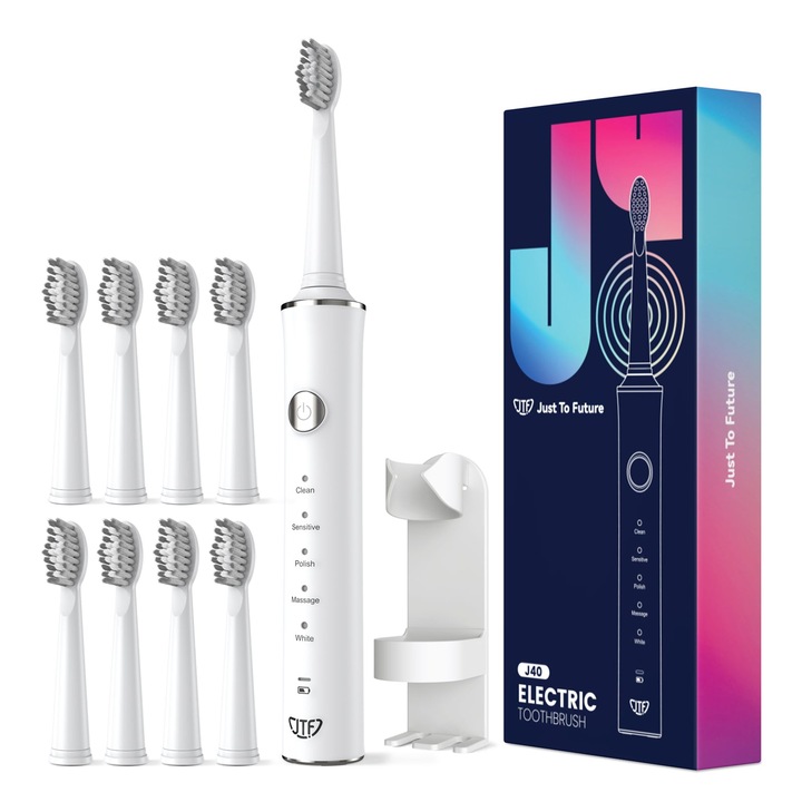 Periuta de dinti electrica, JTF Sonic, J40 (8 capete de periuta, cablu de incarcare, suport pentru periuta), Alb