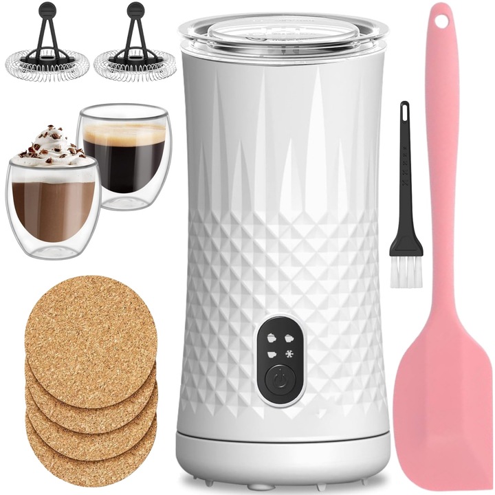 Комплект уред за разпенване на мляко 4 в 1 GABOS Milk Frother, Бял, 240 мл, 400W, Гъба, 2 бъркалки за разпенване, Четка, Силиконова шпатула, 2 термо чаши