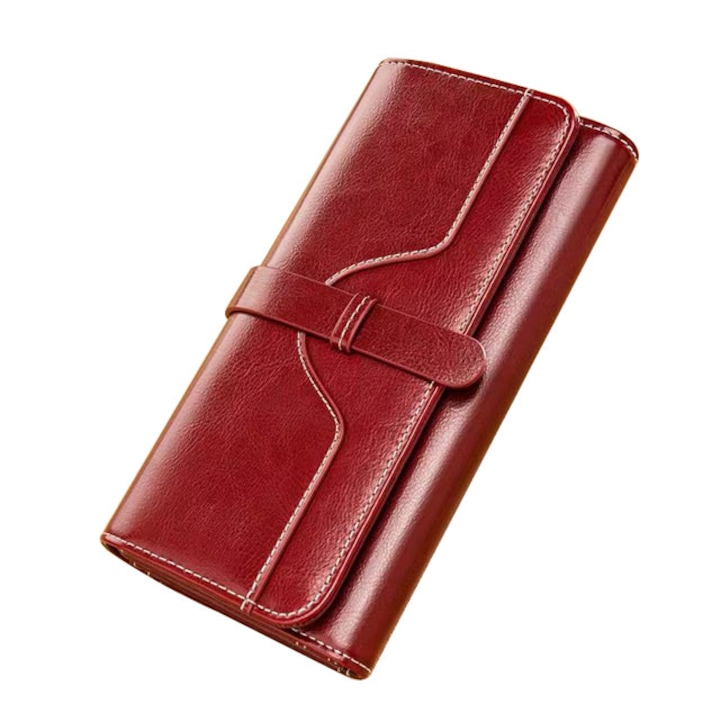 Дамски портфейл, естествена кожа, RFID, 19x10.6x3см, червен