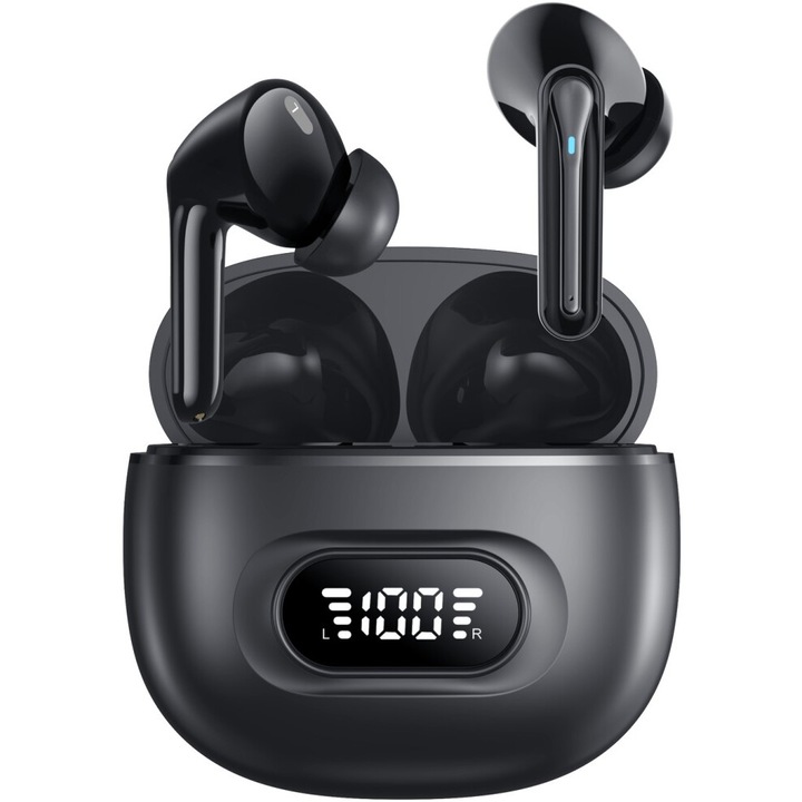 Techbasics vezeték nélküli fülhallgató, zajszűrés, Bluetooth 5.3, digitális kijelző, 30 órás autonómia, kettős HD mikrofon, érintésvezérlés, vízálló, sport, hangasszisztens, univerzális kompatibilitás, fekete