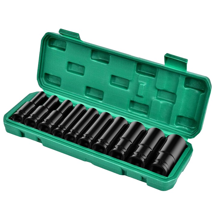 Set 10 chei tubulare, otel, 10-24 mm, cu cutie de depozitare din plastic, negru/verde