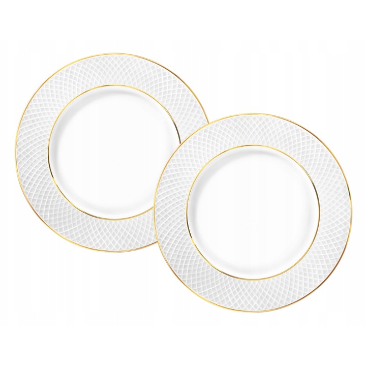 Set 2x Farfurie portelan, Alb cu margine auriu, 25,5 cm, rotunda, pentru cina, fel principal, WILMAX DIAMOND