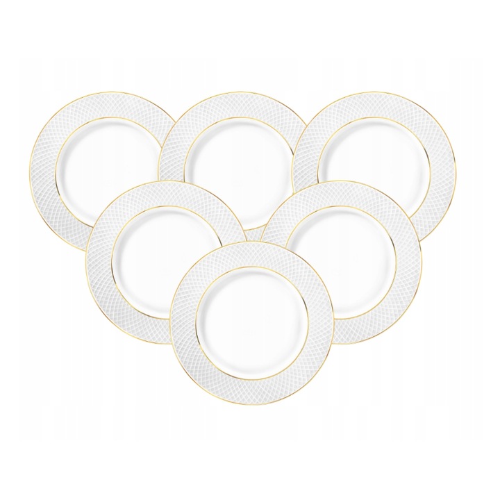 Комплект от 6 плоски чинии Wilmax England от бял порцелан, 28 см, със златен ръб