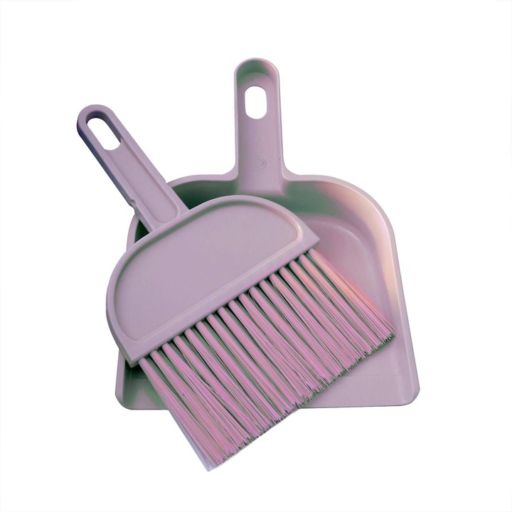 Set mini lopata si perie (maturica) pentru animale mici, din plastic PP durabil, peri moi si flexibili, compact, cu orificiu de agatare, Roz, 1 buc