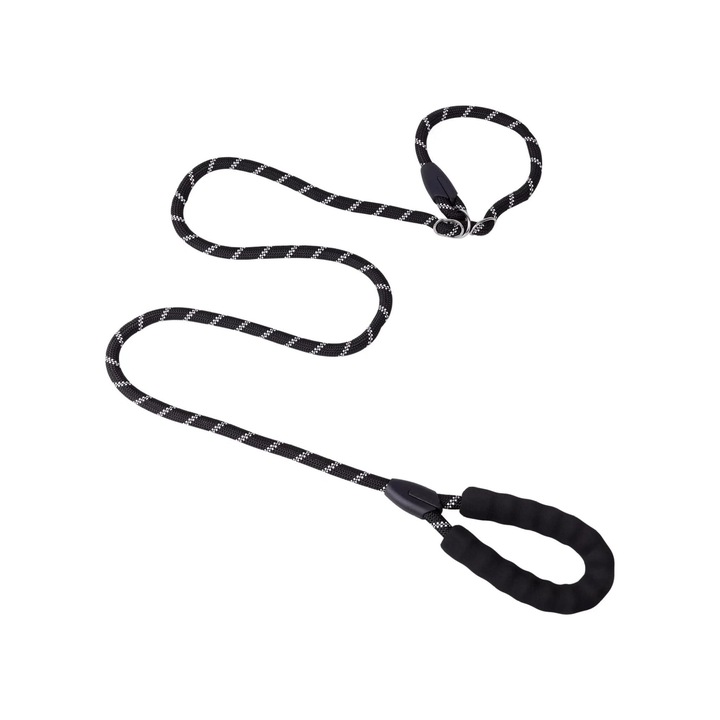 Lesa de caine reflectorizanta pentru talie mica si mare, cu maner din spuma, Rezistenta, Sigura in timpul plimbarilor sau in conditii de vizibilitate redusa, 1.2cm x 150cm, Negru