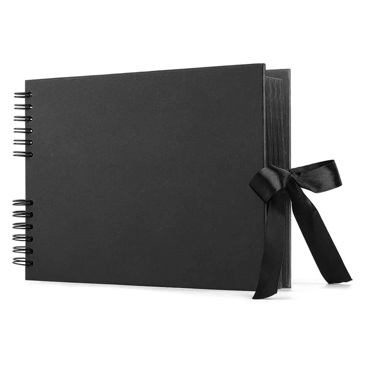 Album foto dreptunghiular cu spirala si panglica satin - negru, Createur, 29,5 × 20 cm