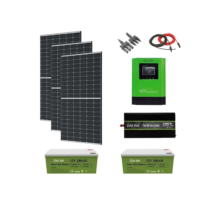 Kit fotovoltaic solar off-grid 1.2KW cu 3 panouri 405W, invertor sinus pur 1500W/3000W, controller MMPT 60A, baterii solare cu gel 200 Ah, cabana, rulota, locuri izolate, container, Solid Volt