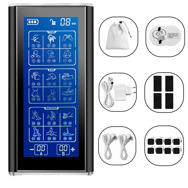 VIENAPOLI® elektrostimulációs és fizioterápiás masszírozó, TENS és EMS funkciók, újratölthető akkumulátor, 2 csatorna, 36 program, 12 elektróda, 20 intenzitási fokozat, kompakt és hordozható, 10 órás autonómia, háttérvilágítású LCD képernyő, fekete