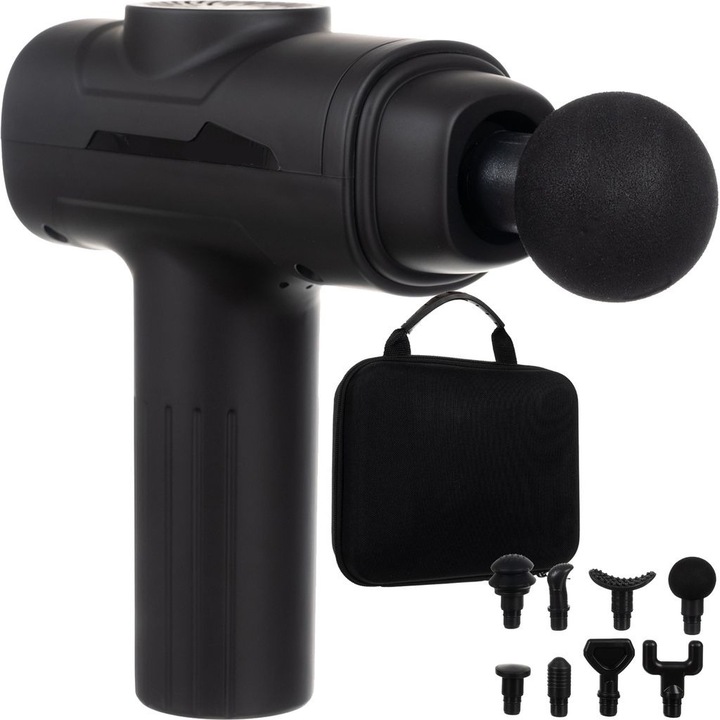 Aparat pentru masaj profesional tip pistol "Likesmart Massage Gun 642 " 3200 rotatii, 6 Niveluri de Intensitate, Baterie reincarcabila 2000mAh, USB C, 8 capete, Geanta Depozitare, Negru