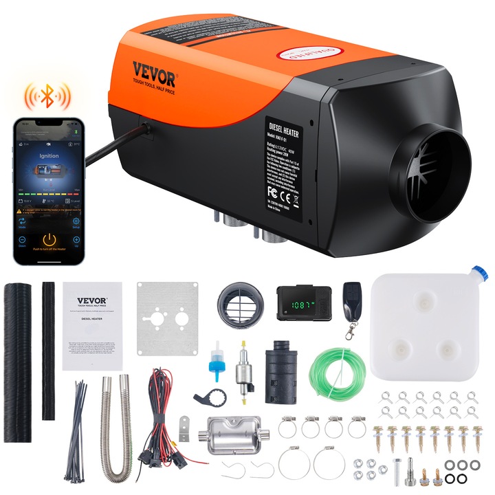 Incalzitor de aer diesel 2KW, VEVOR, control Bluetooth, LCD, 12V, pentru masina, RV, interior