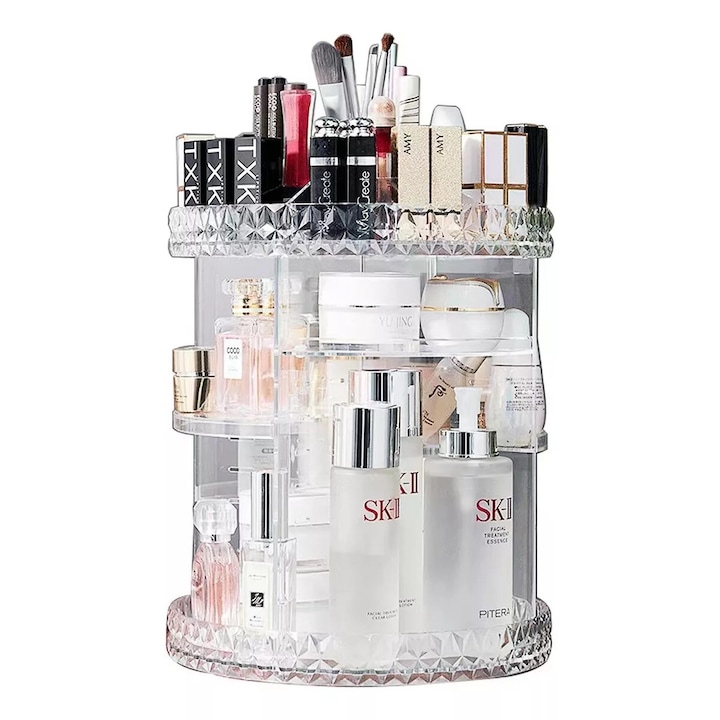 Raft de depozitare cosmetica rotativ 360, capacitate mare, acrilic transparent, set