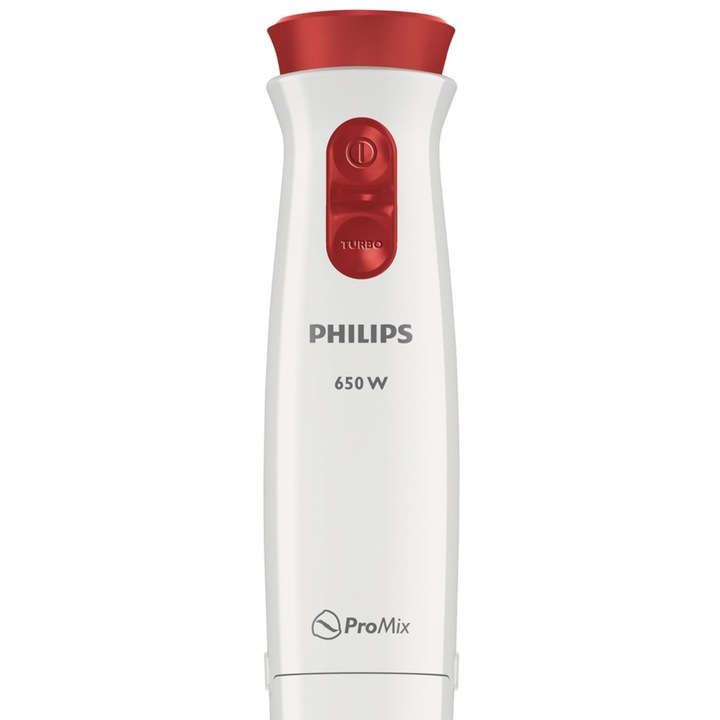 Mixer vertical Philips Pro Mix HR1628/00, 650 W, 2 Viteze + Functie Turbo, 1 l, Alb/Rosu