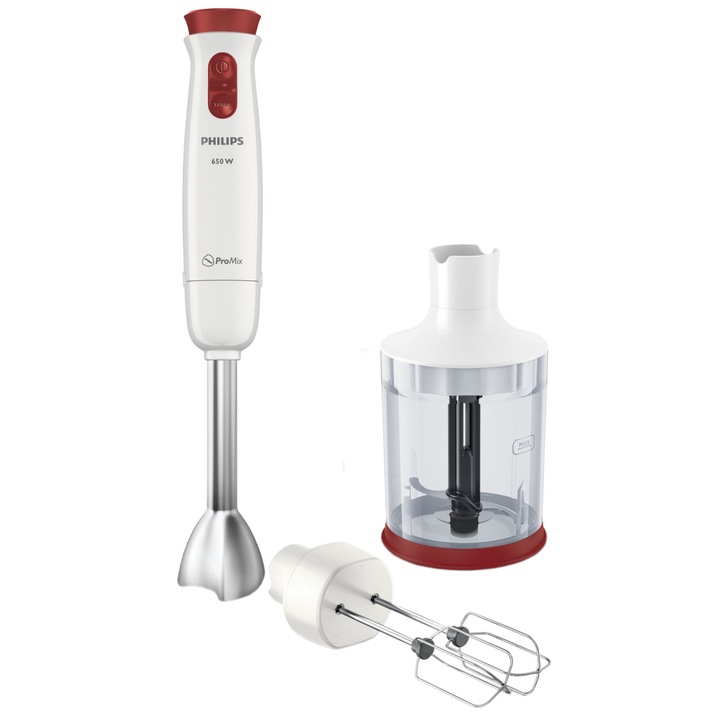 Mixer vertical Philips Pro Mix HR1628/00, 650 W, 2 Viteze + Functie Turbo, 1 l, Alb/Rosu