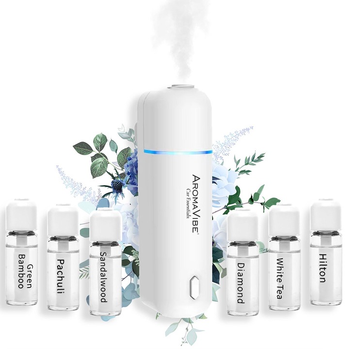 Intelligens autós légfrissítő AromaVibe® G1 - 50 órás autonómia, USB újratölthető, mozgásérzékelő, 6 parfümtartalék, 2 illatmód, fehér