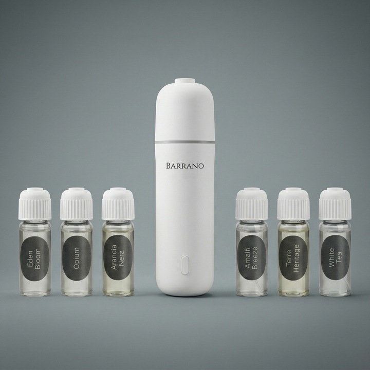 Difuzor Odorizant Auto Inteligent Barrano® Nero - 50h Autonomie, Reincarcabil USB, Senzor de Miscare, 6 Rezerve Parfum, 2 Moduri de Parfumare, Alb