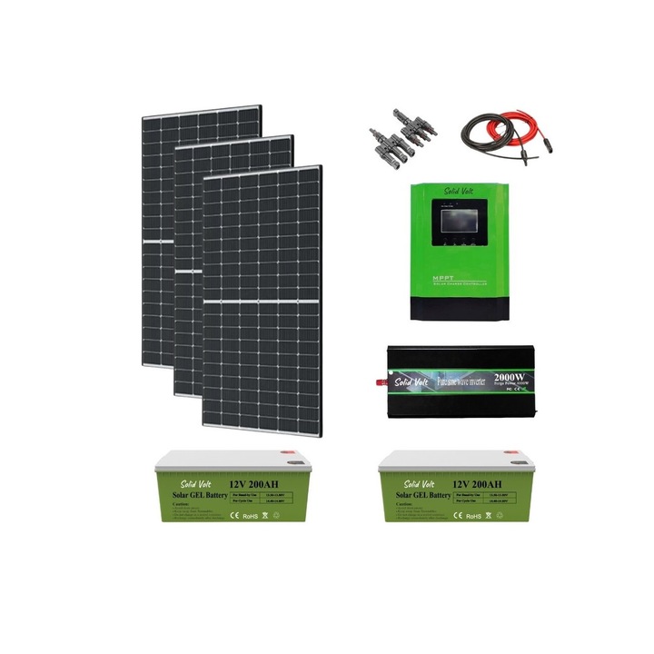 Kit fotovoltaic solar off-grid 1.2KW cu 3 panouri 405W, invertor sinus pur 2000W/4000W, controller MMPT 60A, baterii solare cu gel 200 Ah, cabana, rulota, locuri izolate, container, Solid Volt