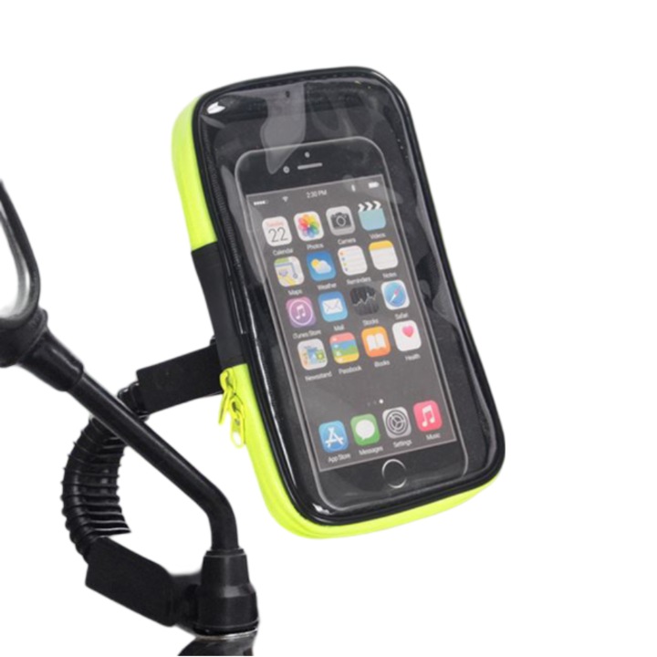 Borseta impermeabila de telefon, montare pe motocicleta, suport de instalat la oglinda retrovizoare, cu fermoar, diagonala maxima telefon 6.7", rotire 360, Verde-Negru