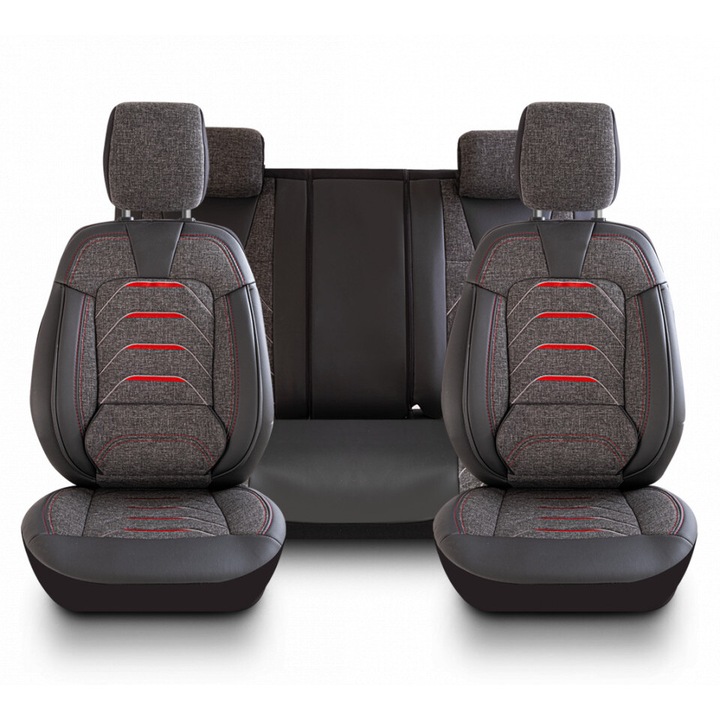 Set huse scaune auto universale, fata-spate, piele ecologica cu textil, negru cu gri si rosu, BODRUM Series
