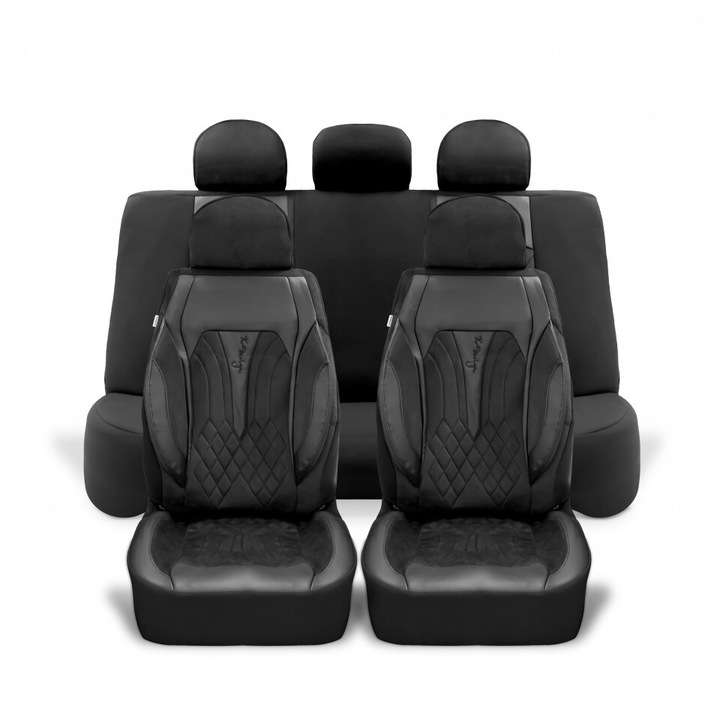 Set huse scaune auto universale seria SIDNEY, material textil negru si piele ecologica neagra, fata-spate, compatibil airbag