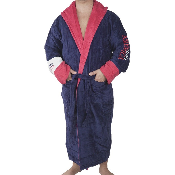Halat de baie barbati, MENZ®, buzunare, gluga, cordon, bumbac, model G-N America, bleumarin/rosu, XL
