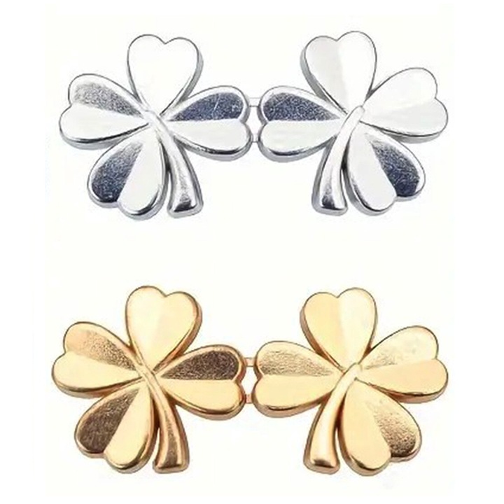 Set 2 perechi accesorii micsorare pantaloni, trifoi cu patru foi, metal, auriu si argintiu