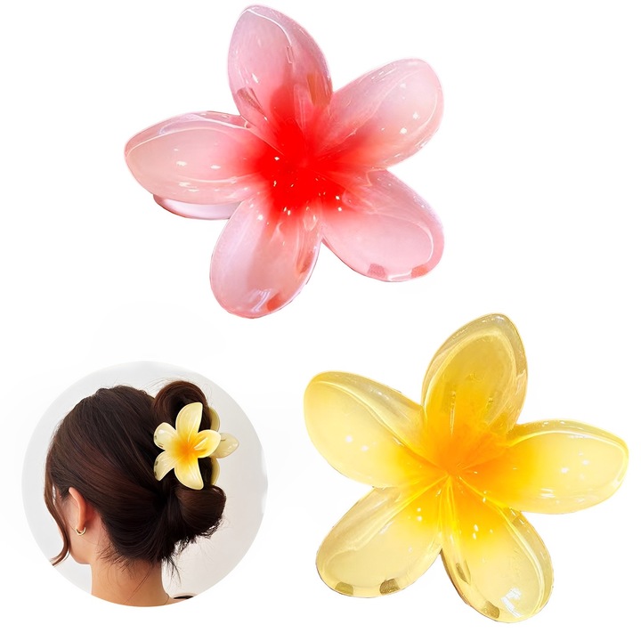 Set 2 Agrafe de Par, Forma de Floare, Antialunecare, Fixare Puternica, 8cm, Galben si Roz