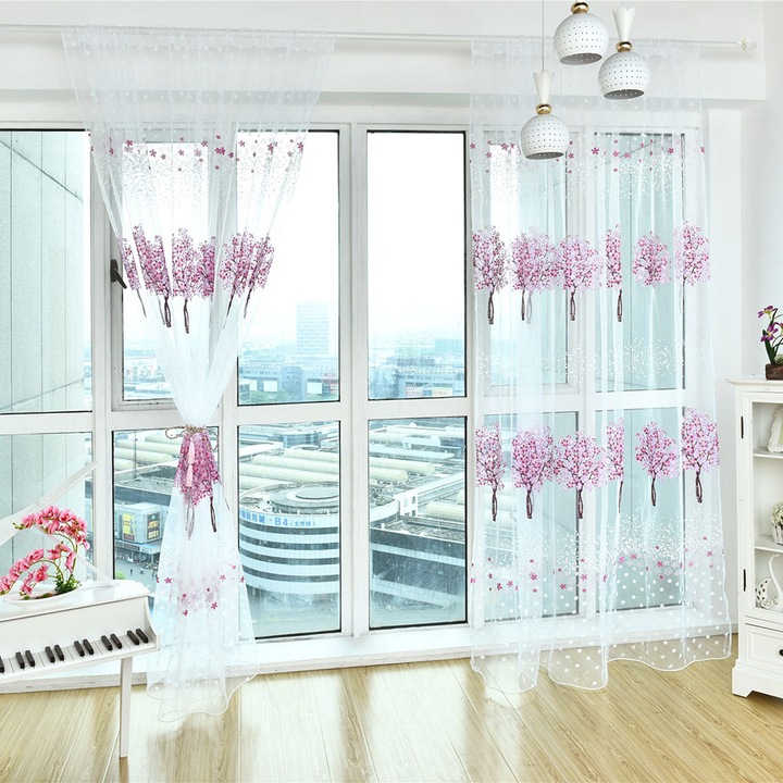 Virágmintás függöny, Jormftte, poliészter, rózsaszín/fehér, 140x240cm