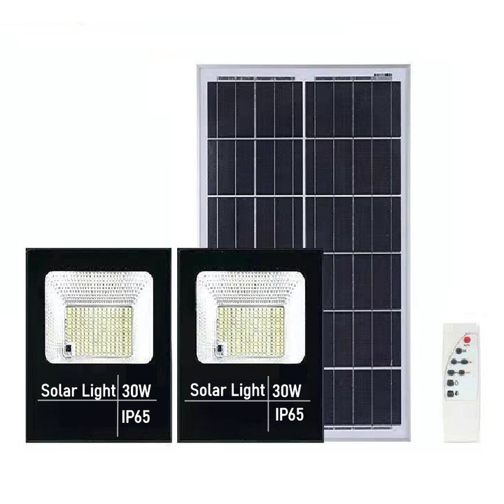 Комплект от 2 LED SMD прожектора 30W със соларно зареждане, соларен панел, с дистанционно управление, стойка за закрепване, ABS материал, 1.2AH, 200 LED-а, 13x13.5 см, Черен, Damur